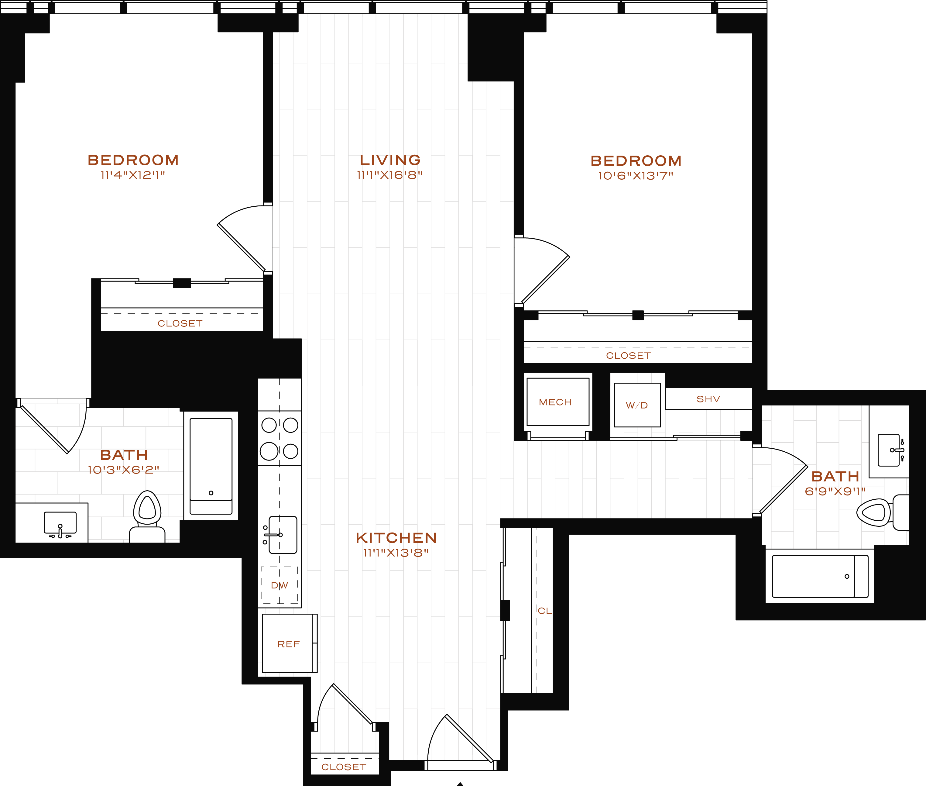 Rendering of the 2 Bed-2 Bath Floor Plan